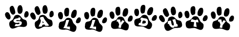 The image shows a series of animal paw prints arranged in a horizontal line. Each paw print contains a letter, and together they spell out the word Sallyduty.
