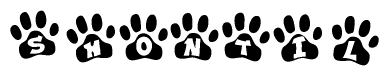 The image shows a row of animal paw prints, each containing a letter. The letters spell out the word Shontil within the paw prints.