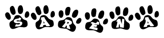 The image shows a series of animal paw prints arranged in a horizontal line. Each paw print contains a letter, and together they spell out the word Sarena.