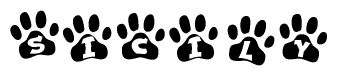 The image shows a row of animal paw prints, each containing a letter. The letters spell out the word Sicily within the paw prints.
