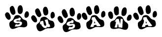 The image shows a series of animal paw prints arranged horizontally. Within each paw print, there's a letter; together they spell Susana