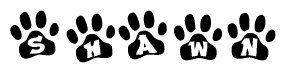 The image shows a row of animal paw prints, each containing a letter. The letters spell out the word Shawn within the paw prints.