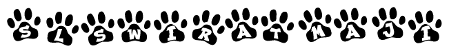 The image shows a series of animal paw prints arranged in a horizontal line. Each paw print contains a letter, and together they spell out the word Slswiratmaji.