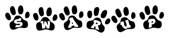 The image shows a series of animal paw prints arranged horizontally. Within each paw print, there's a letter; together they spell Swarup