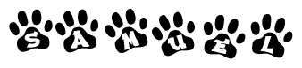 The image shows a row of animal paw prints, each containing a letter. The letters spell out the word Samuel within the paw prints.