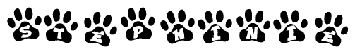 The image shows a series of animal paw prints arranged in a horizontal line. Each paw print contains a letter, and together they spell out the word Stephinie.