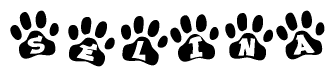 The image shows a series of animal paw prints arranged horizontally. Within each paw print, there's a letter; together they spell Selina