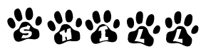 The image shows a row of animal paw prints, each containing a letter. The letters spell out the word Shill within the paw prints.
