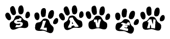 The image shows a row of animal paw prints, each containing a letter. The letters spell out the word Slaven within the paw prints.