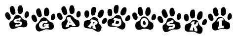 The image shows a row of animal paw prints, each containing a letter. The letters spell out the word Sgardoski within the paw prints.