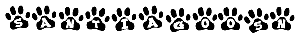 The image shows a row of animal paw prints, each containing a letter. The letters spell out the word Santiagoosn within the paw prints.