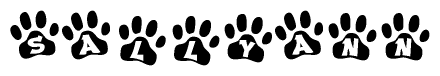 The image shows a row of animal paw prints, each containing a letter. The letters spell out the word Sallyann within the paw prints.