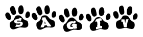 The image shows a series of animal paw prints arranged in a horizontal line. Each paw print contains a letter, and together they spell out the word Sagiv.