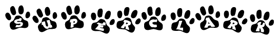 The image shows a row of animal paw prints, each containing a letter. The letters spell out the word Superclark within the paw prints.