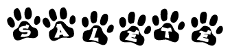The image shows a series of animal paw prints arranged in a horizontal line. Each paw print contains a letter, and together they spell out the word Salete.