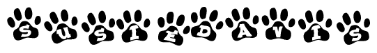 The image shows a series of animal paw prints arranged horizontally. Within each paw print, there's a letter; together they spell Susiedavis