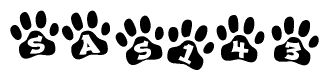 The image shows a row of animal paw prints, each containing a letter. The letters spell out the word Sas143 within the paw prints.