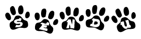 The image shows a series of animal paw prints arranged in a horizontal line. Each paw print contains a letter, and together they spell out the word Sendu.