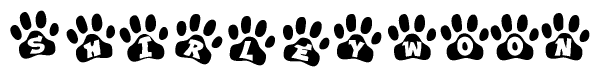 The image shows a series of animal paw prints arranged horizontally. Within each paw print, there's a letter; together they spell Shirleywoon
