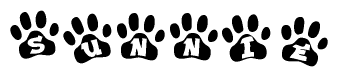 The image shows a series of animal paw prints arranged horizontally. Within each paw print, there's a letter; together they spell Sunnie