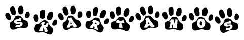 The image shows a series of animal paw prints arranged horizontally. Within each paw print, there's a letter; together they spell Skartanos
