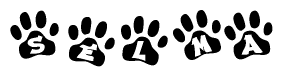 The image shows a series of animal paw prints arranged horizontally. Within each paw print, there's a letter; together they spell Selma