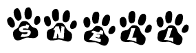 The image shows a series of animal paw prints arranged horizontally. Within each paw print, there's a letter; together they spell Snell