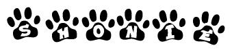 The image shows a row of animal paw prints, each containing a letter. The letters spell out the word Shonie within the paw prints.