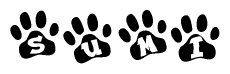 The image shows a series of animal paw prints arranged in a horizontal line. Each paw print contains a letter, and together they spell out the word Sumi.