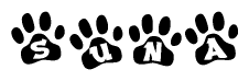 The image shows a series of animal paw prints arranged horizontally. Within each paw print, there's a letter; together they spell Suna