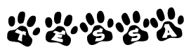 The image shows a series of animal paw prints arranged horizontally. Within each paw print, there's a letter; together they spell Tessa