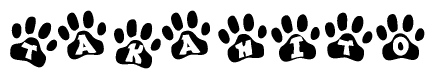 The image shows a series of animal paw prints arranged horizontally. Within each paw print, there's a letter; together they spell Takahito