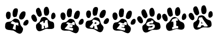 The image shows a row of animal paw prints, each containing a letter. The letters spell out the word Theresia within the paw prints.
