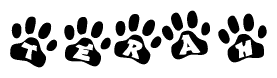 The image shows a series of animal paw prints arranged in a horizontal line. Each paw print contains a letter, and together they spell out the word Terah.
