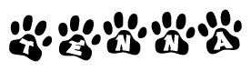 The image shows a series of animal paw prints arranged in a horizontal line. Each paw print contains a letter, and together they spell out the word Tenna.