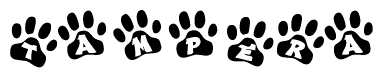 The image shows a series of animal paw prints arranged horizontally. Within each paw print, there's a letter; together they spell Tampera