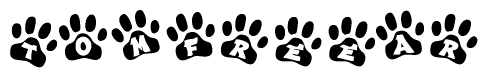 The image shows a series of animal paw prints arranged horizontally. Within each paw print, there's a letter; together they spell Tomfreear