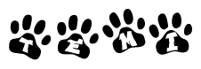 The image shows a row of animal paw prints, each containing a letter. The letters spell out the word Temi within the paw prints.