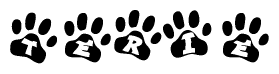 The image shows a series of animal paw prints arranged in a horizontal line. Each paw print contains a letter, and together they spell out the word Terie.