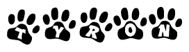 The image shows a series of animal paw prints arranged in a horizontal line. Each paw print contains a letter, and together they spell out the word Tyron.