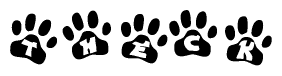 The image shows a series of animal paw prints arranged horizontally. Within each paw print, there's a letter; together they spell Theck