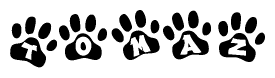 The image shows a series of animal paw prints arranged horizontally. Within each paw print, there's a letter; together they spell Tomaz