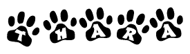 The image shows a series of animal paw prints arranged horizontally. Within each paw print, there's a letter; together they spell Thara