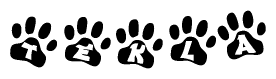 The image shows a row of animal paw prints, each containing a letter. The letters spell out the word Tekla within the paw prints.