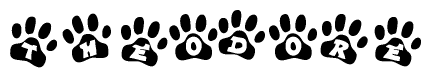 The image shows a series of animal paw prints arranged in a horizontal line. Each paw print contains a letter, and together they spell out the word Theodore.