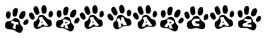 The image shows a series of animal paw prints arranged horizontally. Within each paw print, there's a letter; together they spell Taramarcaz