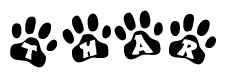 The image shows a row of animal paw prints, each containing a letter. The letters spell out the word Thar within the paw prints.