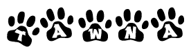 The image shows a series of animal paw prints arranged horizontally. Within each paw print, there's a letter; together they spell Tawna