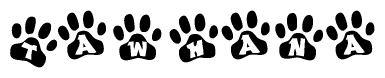 The image shows a series of animal paw prints arranged horizontally. Within each paw print, there's a letter; together they spell Tawhana