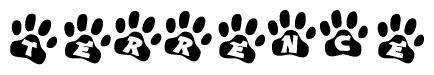 The image shows a row of animal paw prints, each containing a letter. The letters spell out the word Terrence within the paw prints.